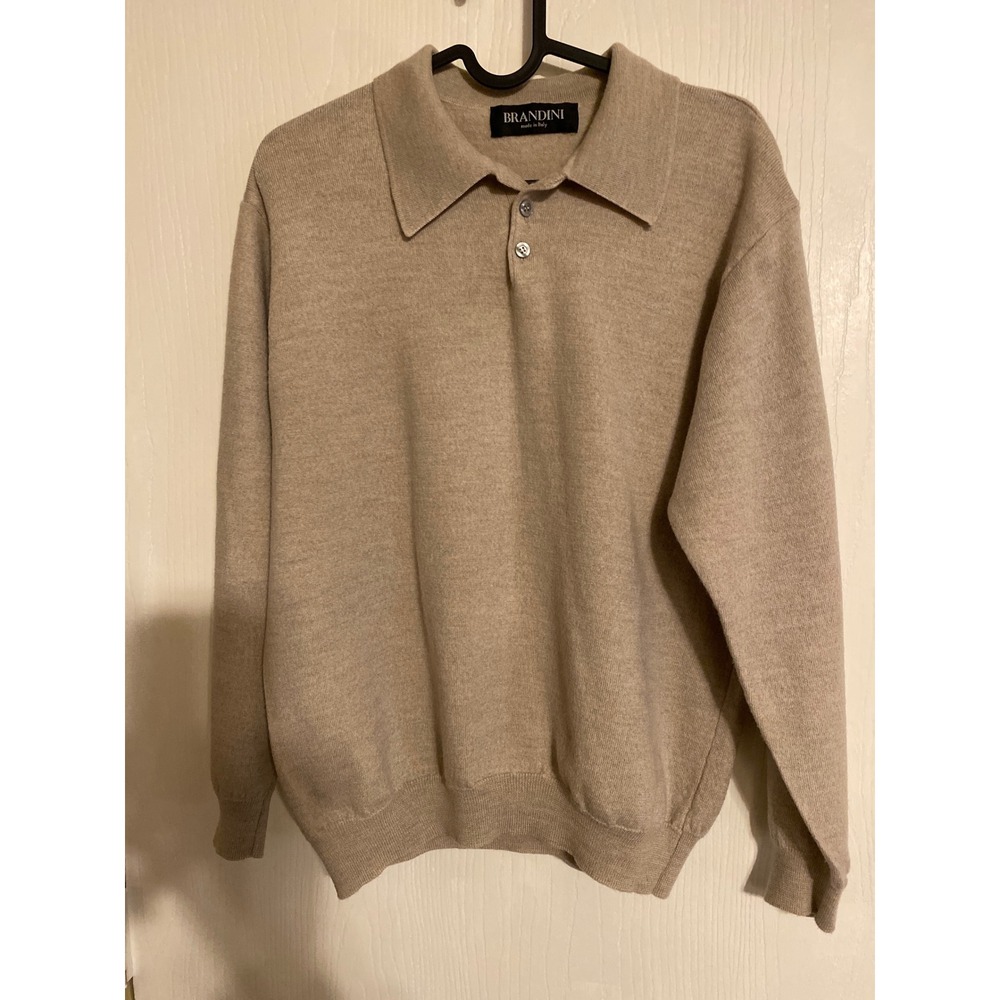 Brandini Mens Merino Wool Polo Sweater Beige Made in Italy Long Sleeve Size M